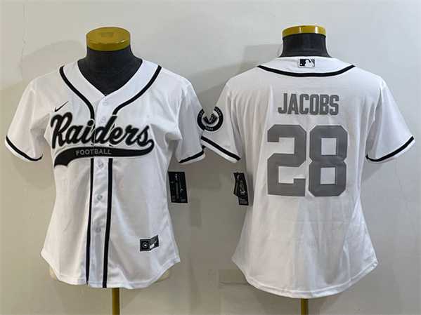 Women's Las Vegas Raiders #28 Josh Jacobs White Silver With Patch Cool Base Stitched Baseball Jersey,We sell and wholesale Women's Las Vegas Raiders #28 Josh Jacobs White Silver With Patch Cool Base Stitched Baseball Jersey on line form chian!